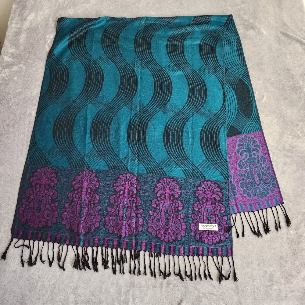 100% Pashmina Shawl Scarf Teal Purple Paisley Wave Pattern Fringed Festival Rave